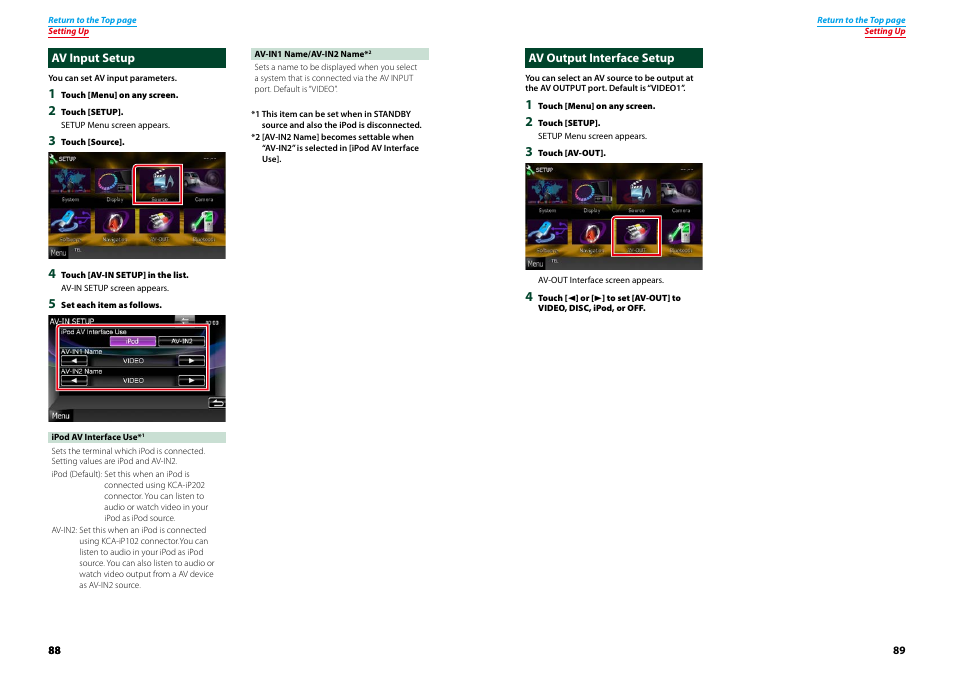 Av input setup, Av output interface setup, Av input setup av output interface setup | Av input setup (p.88) | Kenwood DNX4230TR User Manual | Page 45 / 63