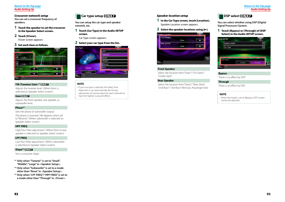 P.92), P.93), Crossover network setup (p.92) | Kenwood DNX4230TR User Manual | Page 47 / 63
