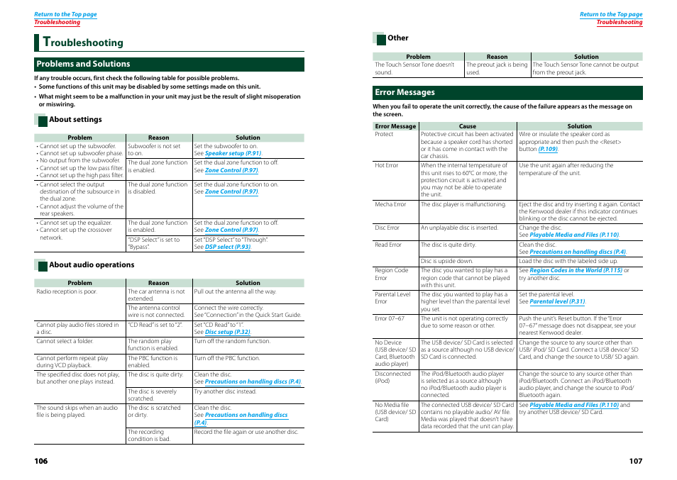 Troubleshooting, Problems and solutions, Error messages | Troubleshooting 106, Problems and solutions error messages, Roubleshooting | Kenwood DNX4230TR User Manual | Page 54 / 63