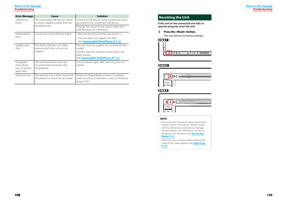 Resetting the unit, P.109) | Kenwood DNX4230TR User Manual | Page 55 / 63