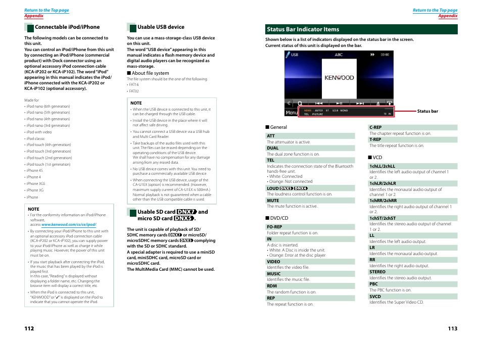 Status bar indicator items, Connectable ipod/iphone (p.112) | Kenwood DNX4230TR User Manual | Page 57 / 63