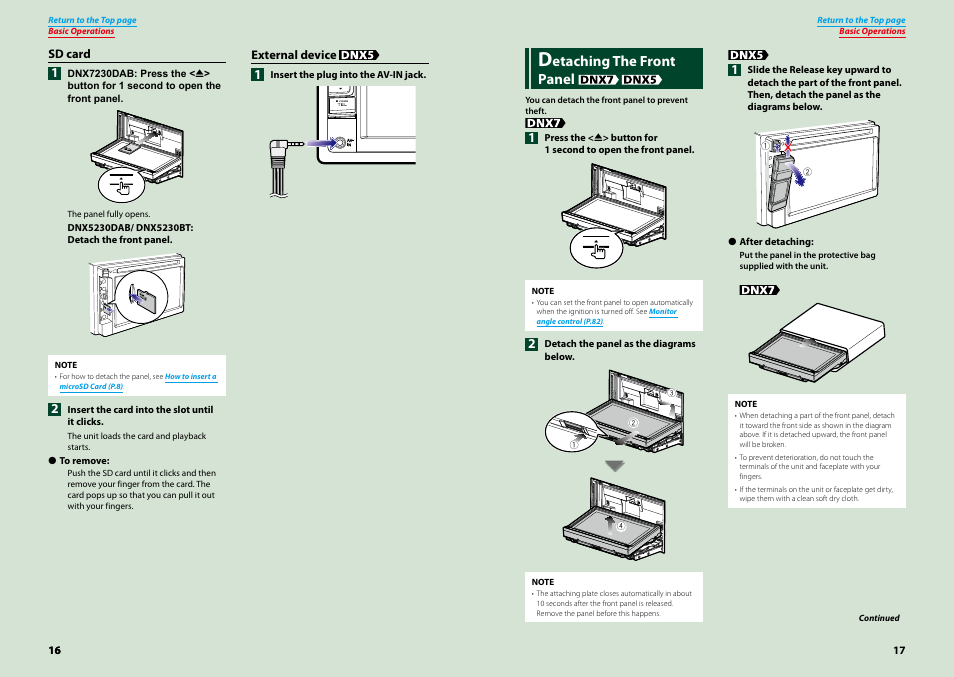 Detaching the front panel, Etaching the front panel | Kenwood DNX4230TR User Manual | Page 9 / 63