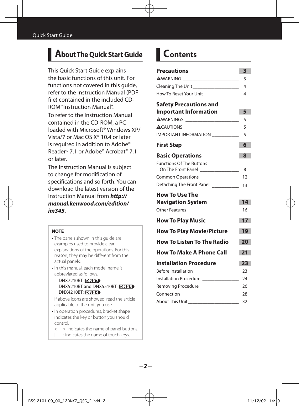 Bout the quick start guide, Ontents | Kenwood DNX5210BT User Manual | Page 2 / 36