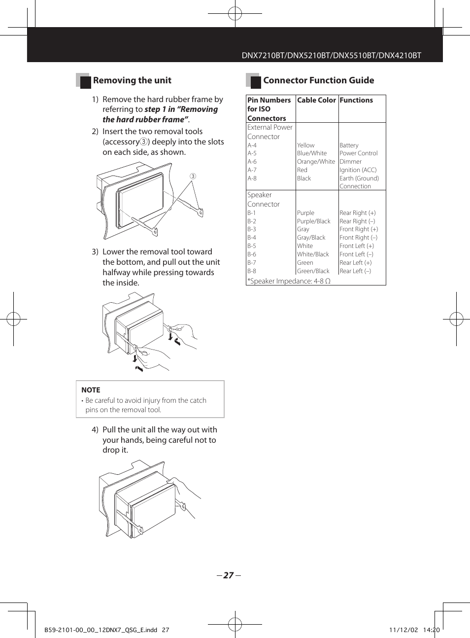 Removing the unit, Connector function guide | Kenwood DNX5210BT User Manual | Page 27 / 36