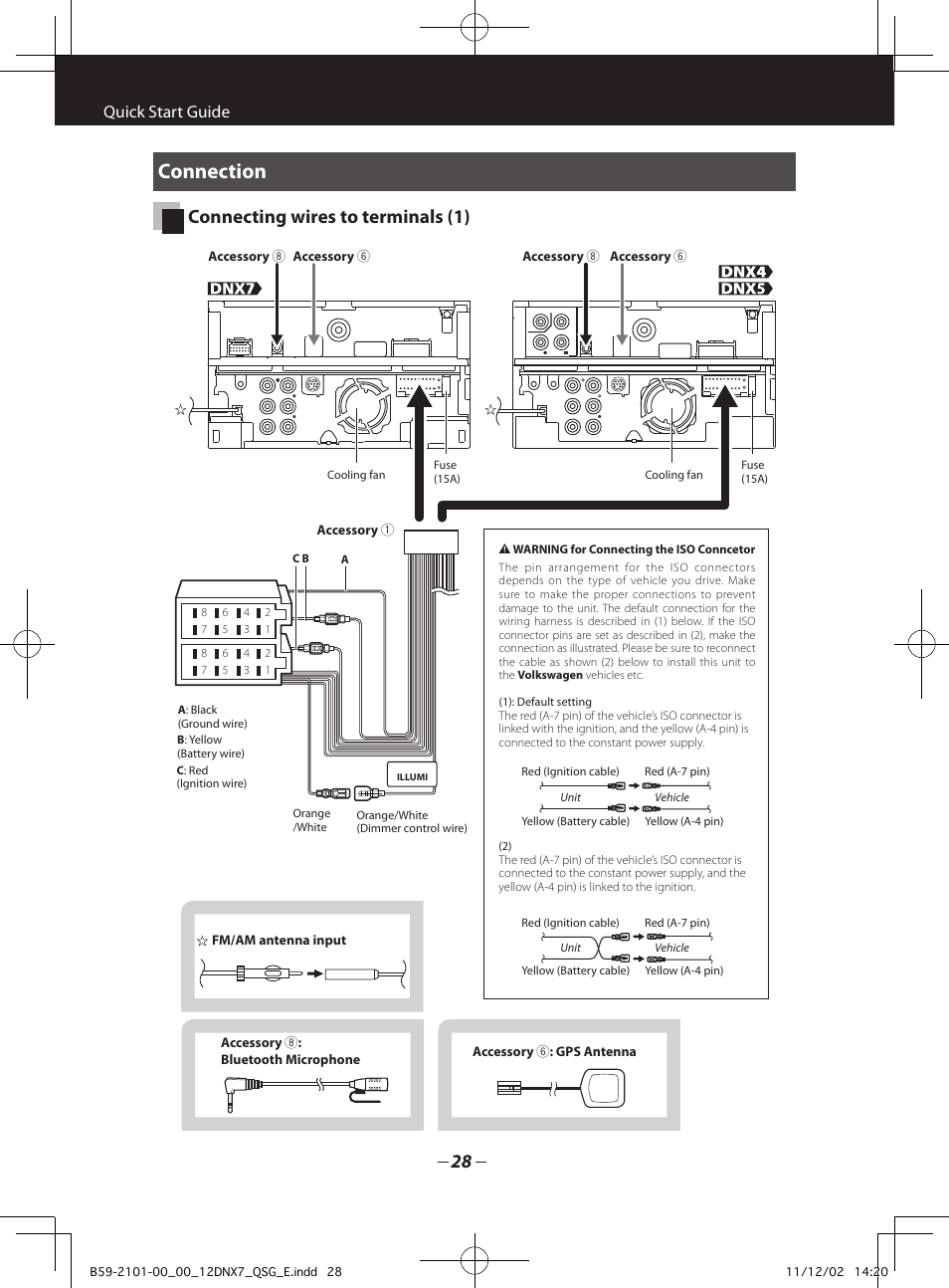 Connection, Connecting wires to terminals (1), Quick start guide | Kenwood DNX5210BT User Manual | Page 28 / 36