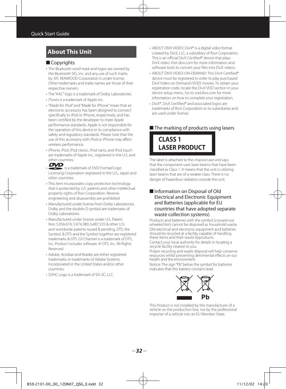 Class 1 laser product, About this unit | Kenwood DNX5210BT User Manual | Page 32 / 36