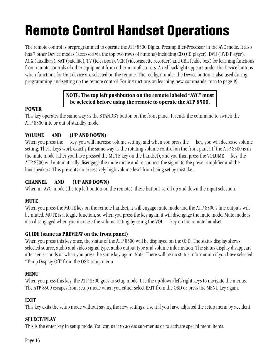 Remote control handset operations | ATI Technologies ATP 8500 User Manual | Page 16 / 36