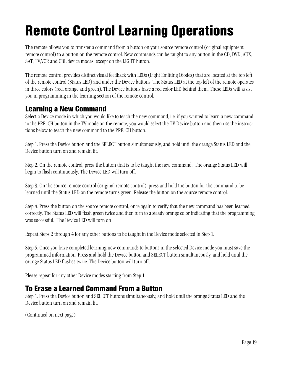 Remote control learning operations, Learning a new command | ATI Technologies ATP 8500 User Manual | Page 19 / 36