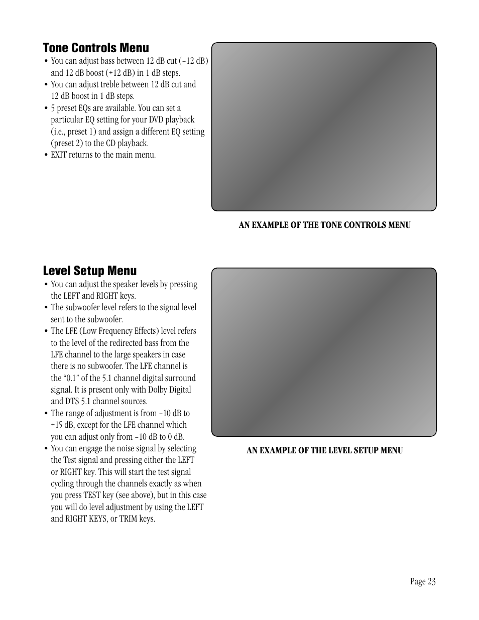 Tone controls menu, Level setup menu | ATI Technologies ATP 8500 User Manual | Page 23 / 36