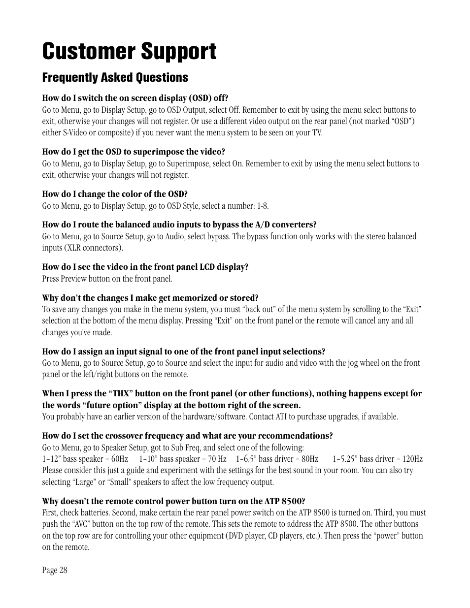 Customer support, Frequently asked questions | ATI Technologies ATP 8500 User Manual | Page 28 / 36