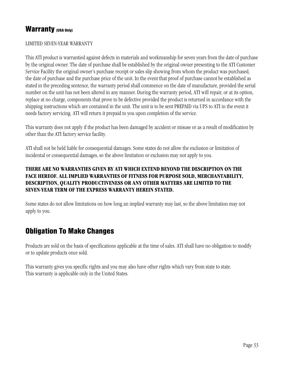 Warranty, Obligation to make changes | ATI Technologies ATP 8500 User Manual | Page 33 / 36