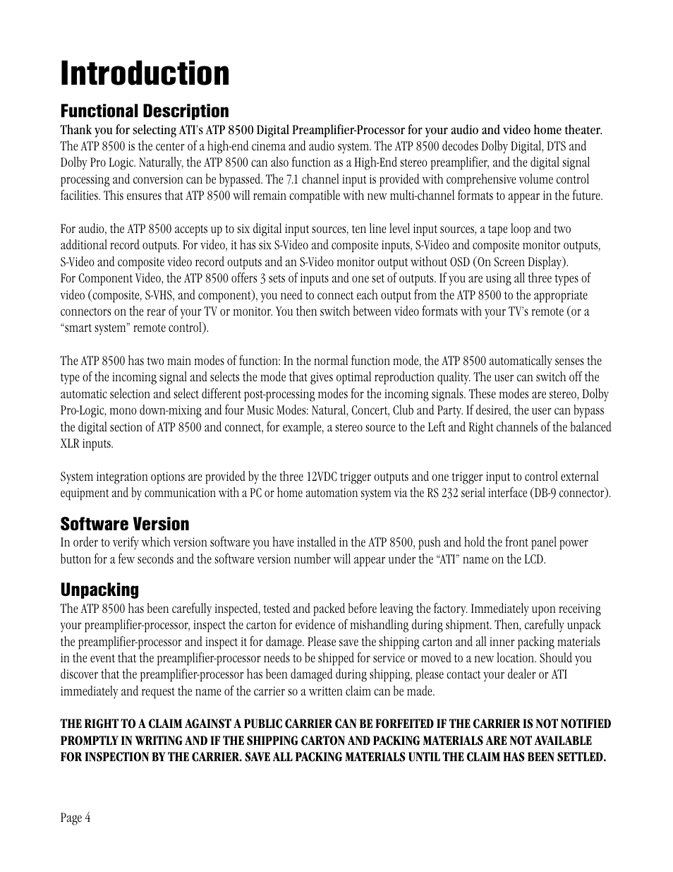 Introduction, Functional description, Software version | Unpacking | ATI Technologies ATP 8500 User Manual | Page 4 / 36