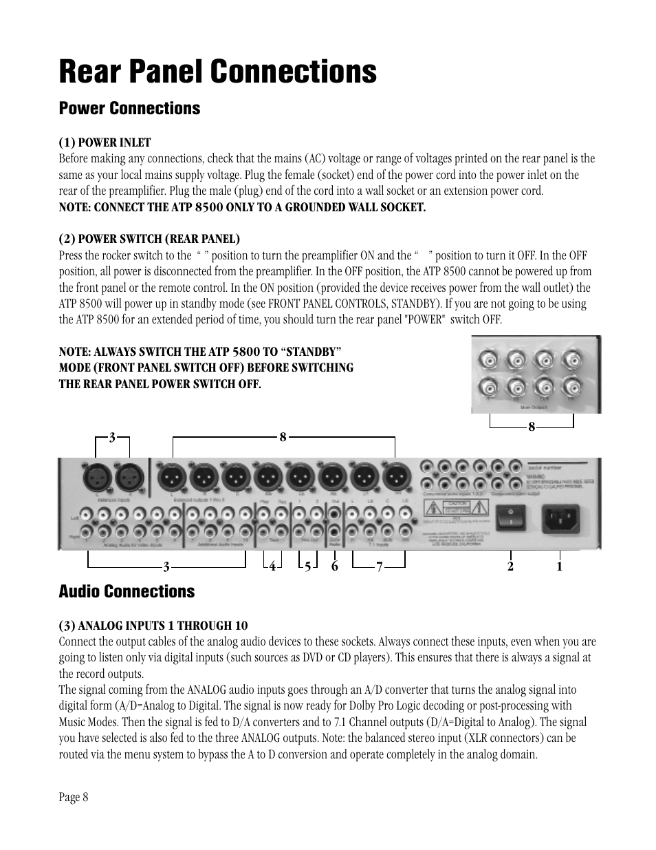 Rear panel connections, Power connections, Audio connections | ATI Technologies ATP 8500 User Manual | Page 8 / 36