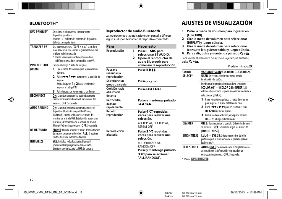 Ajustes de visualización, Bluetooth | Kenwood KMR-M308BTE User Manual | Page 12 / 19