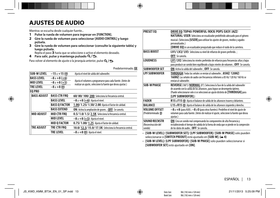 Ajustes de audio | Kenwood KMR-M308BTE User Manual | Page 13 / 19