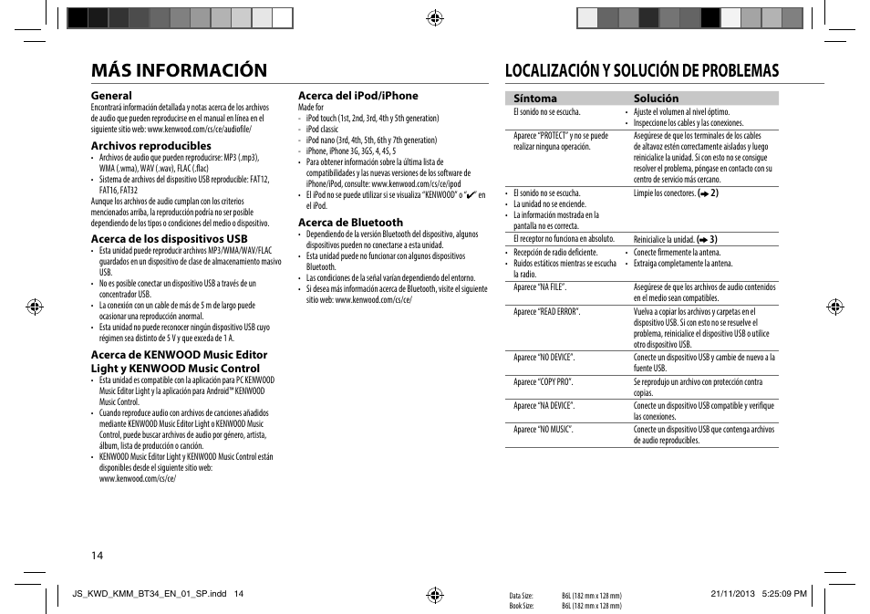 Más información, Localización y solución de problemas | Kenwood KMR-M308BTE User Manual | Page 14 / 19