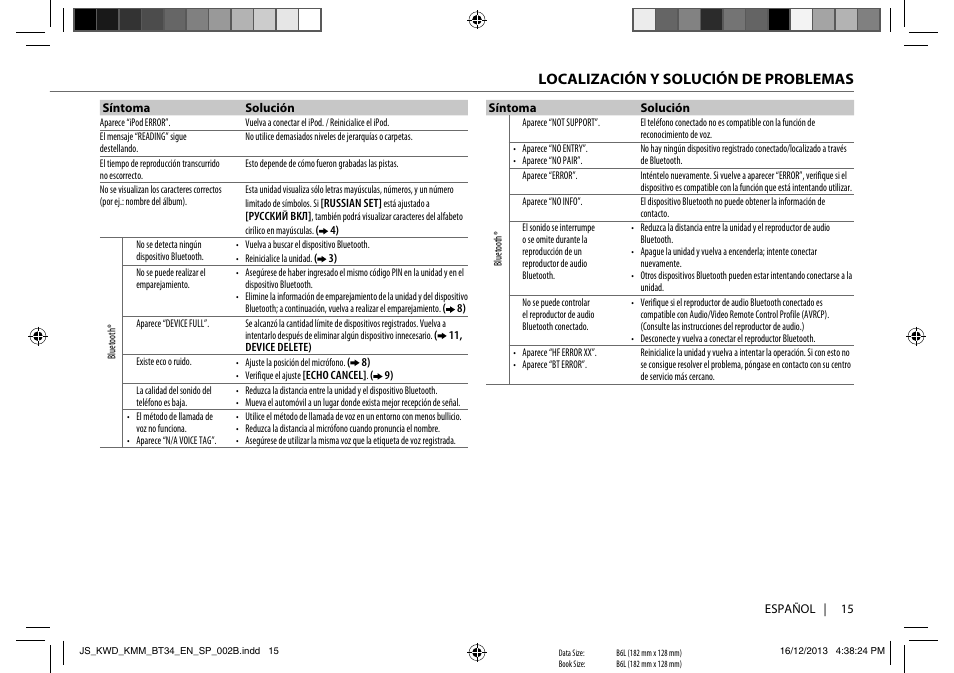 Localización y solución de problemas | Kenwood KMR-M308BTE User Manual | Page 15 / 19