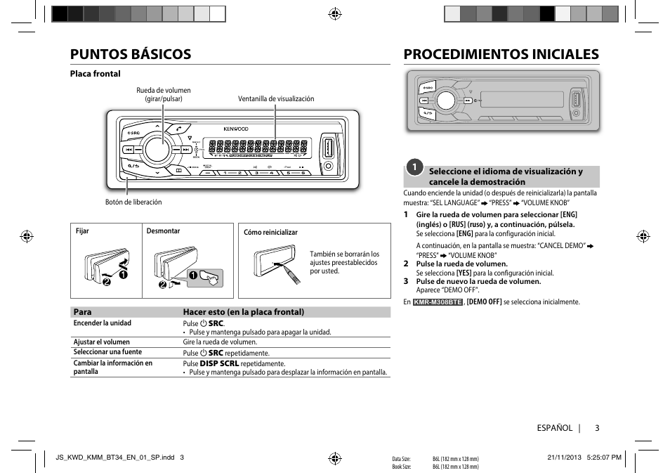 Puntos básicos, Procedimientos iniciales | Kenwood KMR-M308BTE User Manual | Page 3 / 19