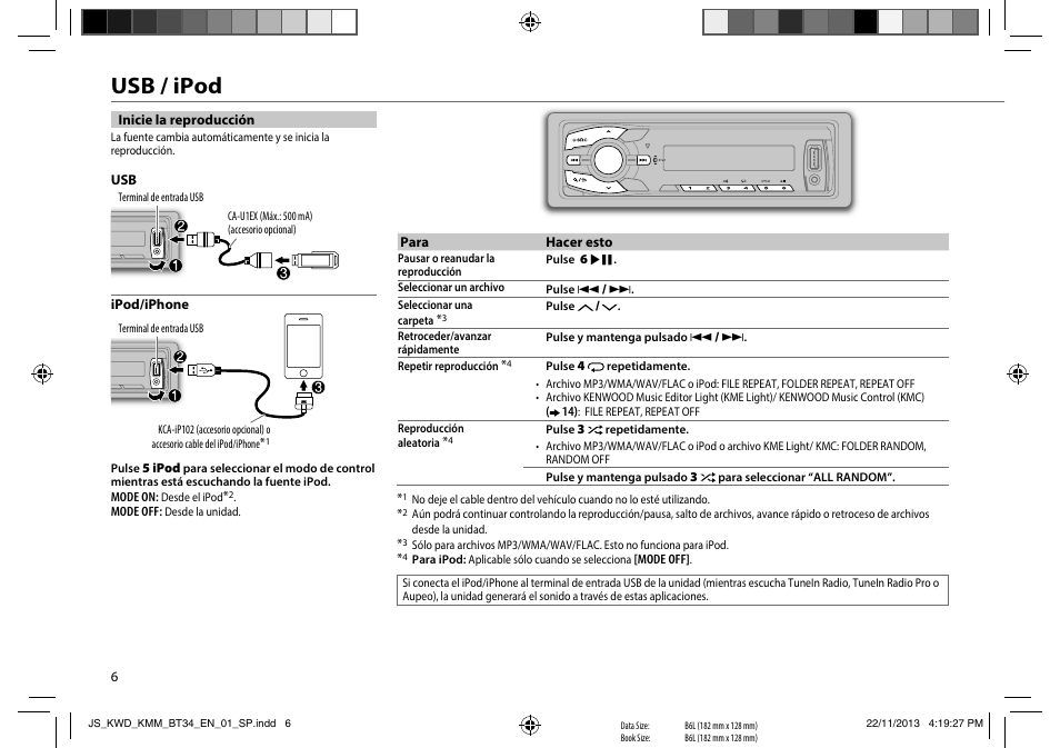 Usb / ipod | Kenwood KMR-M308BTE User Manual | Page 6 / 19