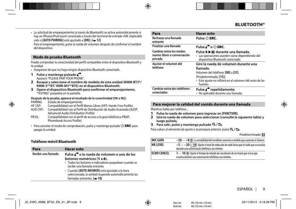 Bluetooth | Kenwood KMR-M308BTE User Manual | Page 9 / 19