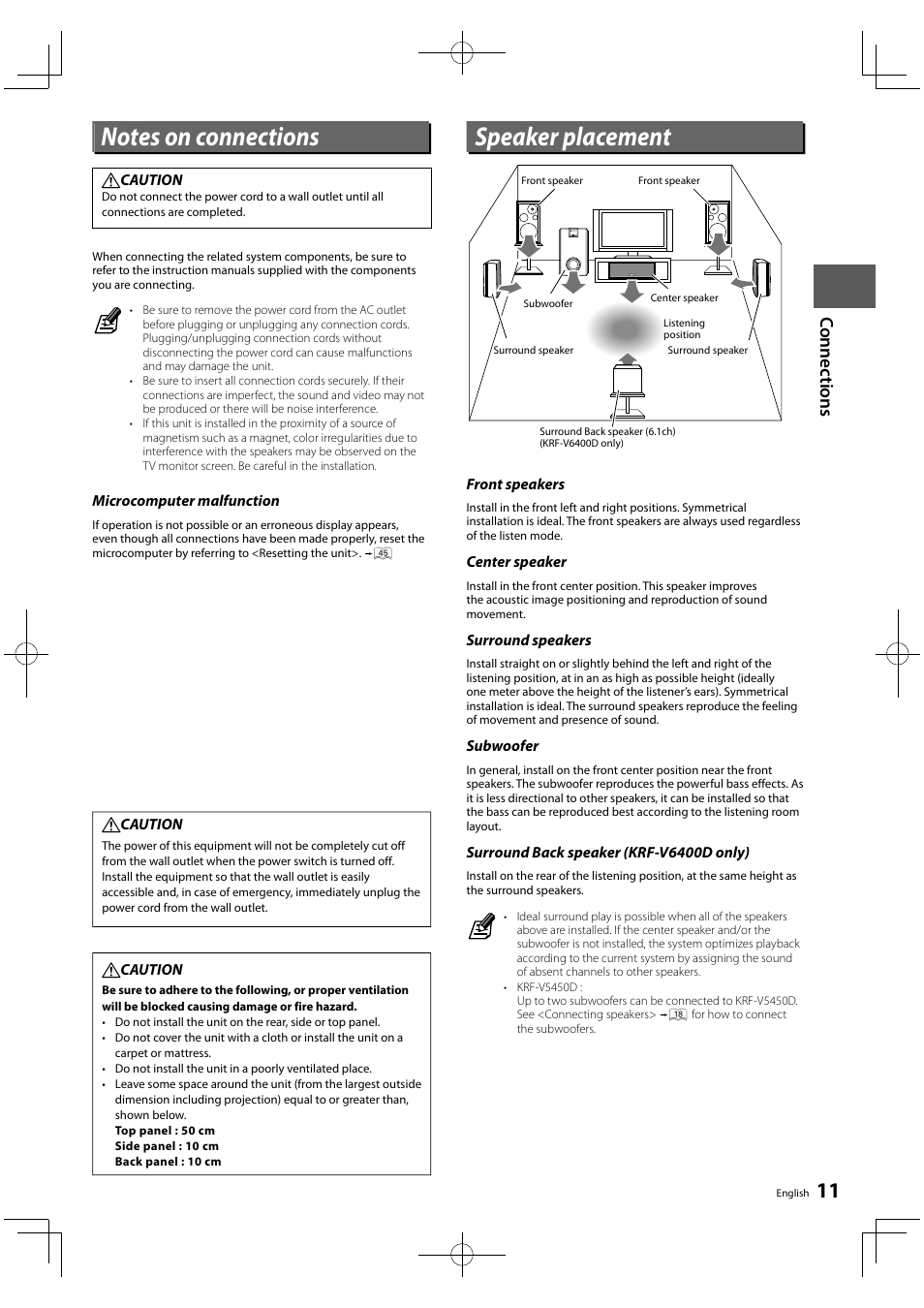 Speaker placement | Kenwood KRF-V5450D User Manual | Page 11 / 48