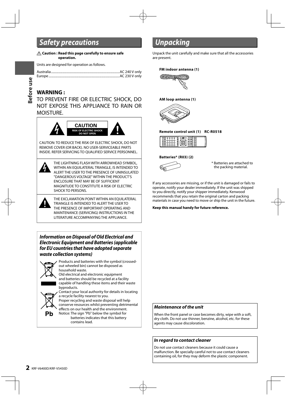 Safety precautions, Unpacking, Before use | Kenwood KRF-V5450D User Manual | Page 2 / 48