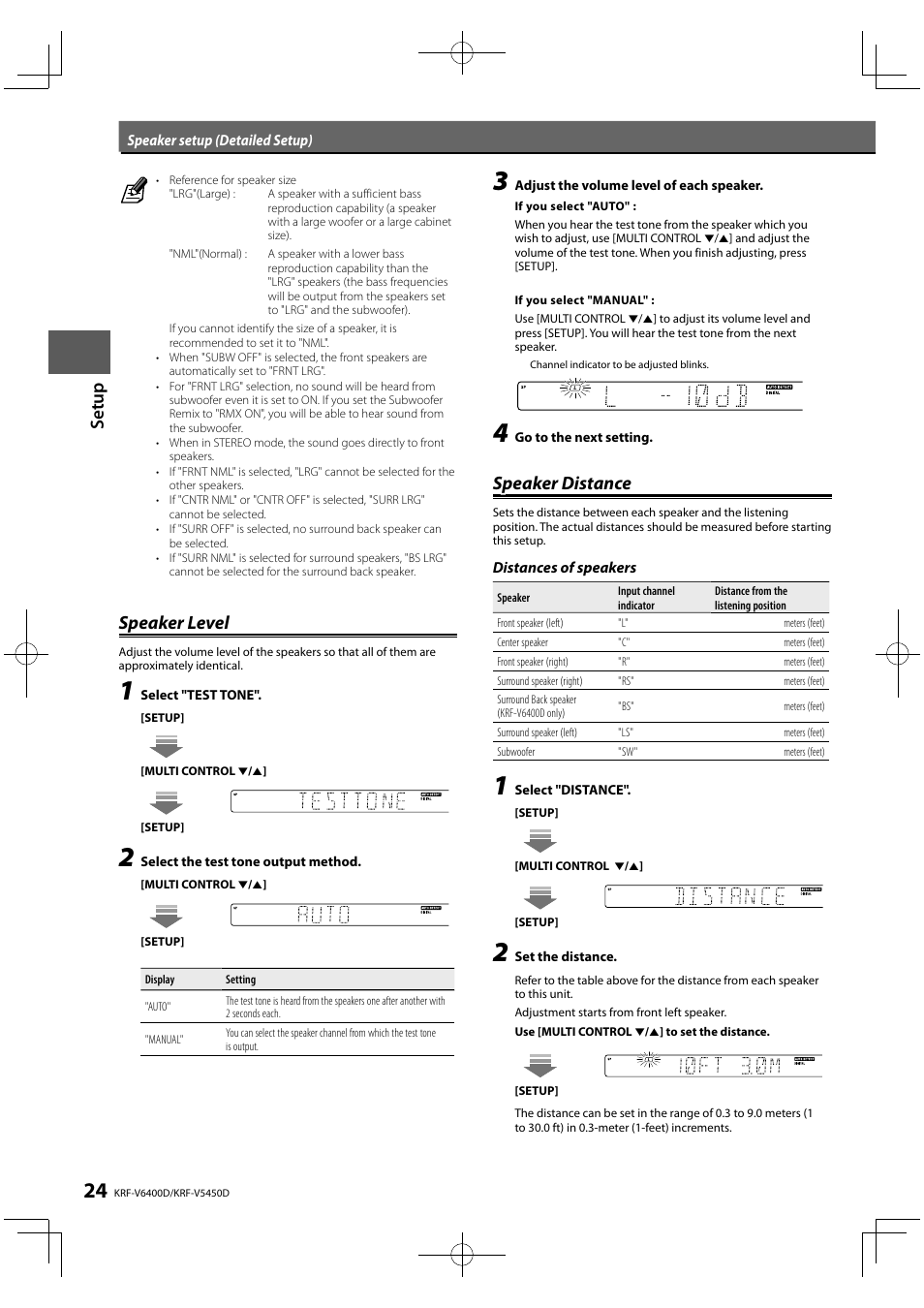 Set u p, Speaker level, Speaker distance | Kenwood KRF-V5450D User Manual | Page 24 / 48