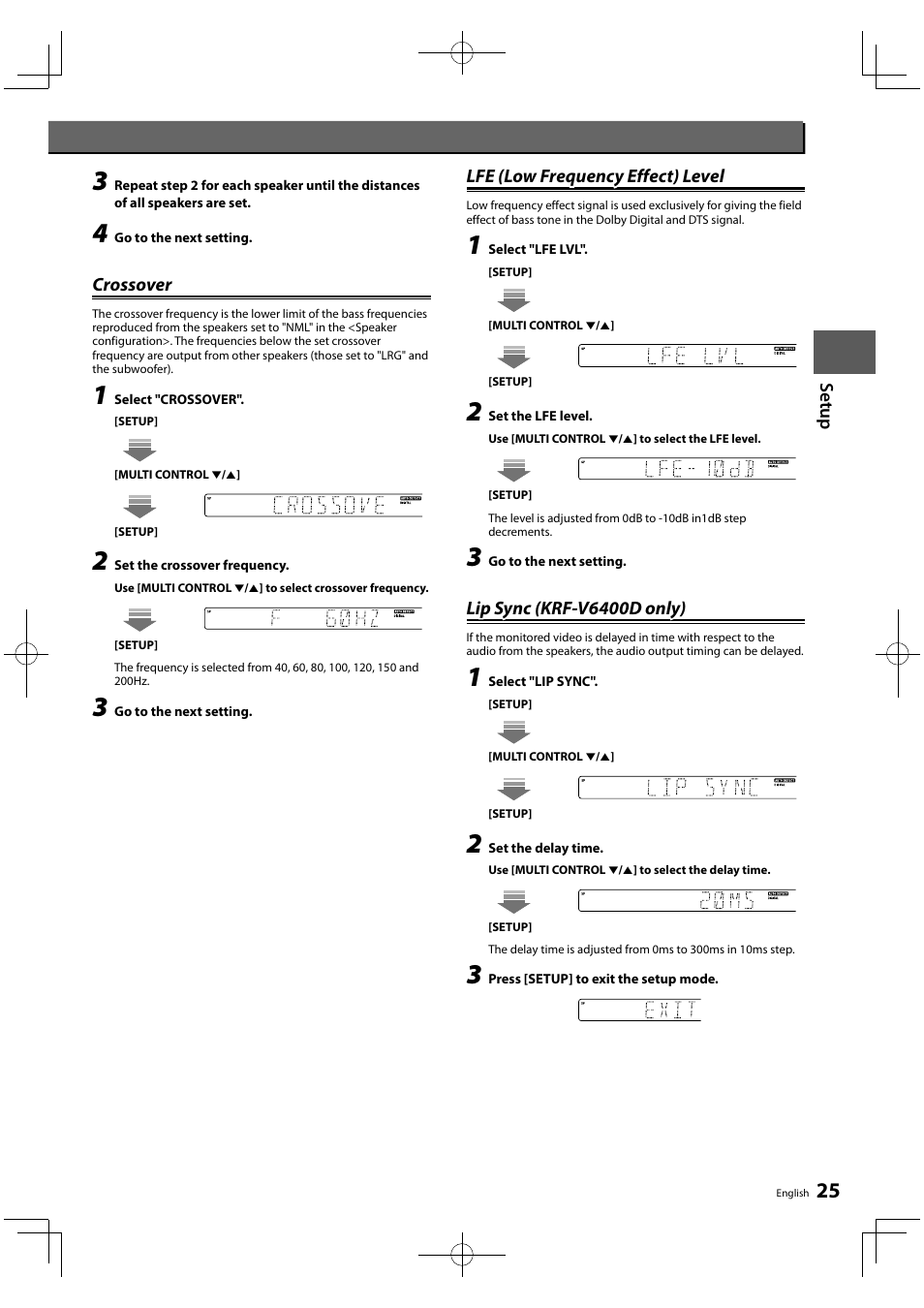 Set u p, Crossover, Lfe (low frequency effect) level | Lip sync (krf-v6400d only) | Kenwood KRF-V5450D User Manual | Page 25 / 48
