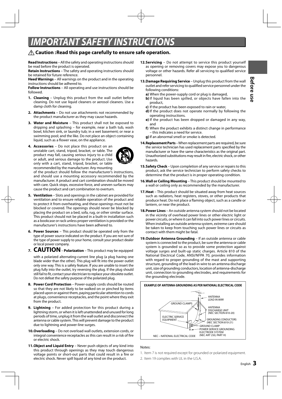 Important safety instructions, Caution, Before use | Kenwood KRF-V5450D User Manual | Page 3 / 48