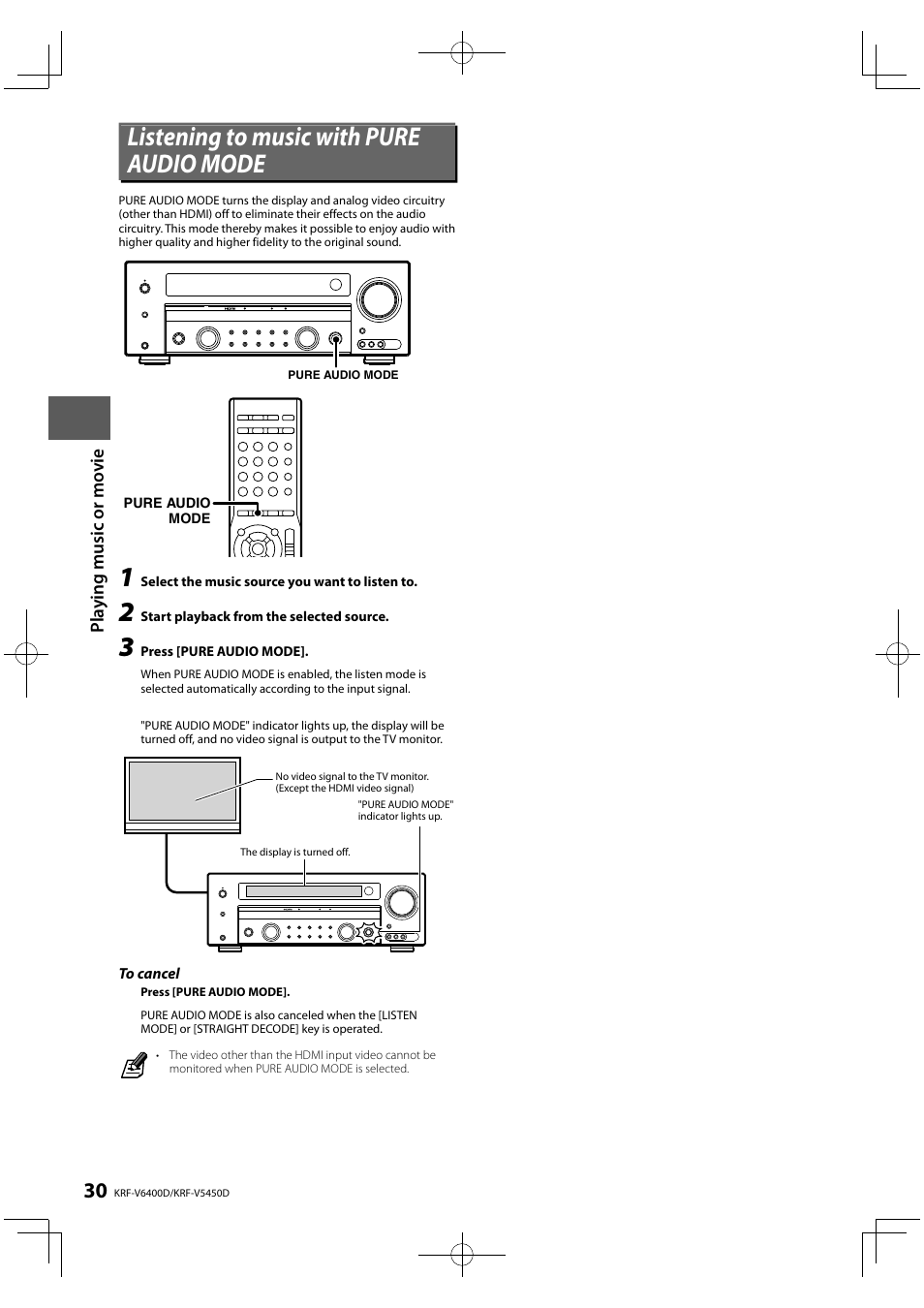Listening to music with pure audio mode | Kenwood KRF-V5450D User Manual | Page 30 / 48