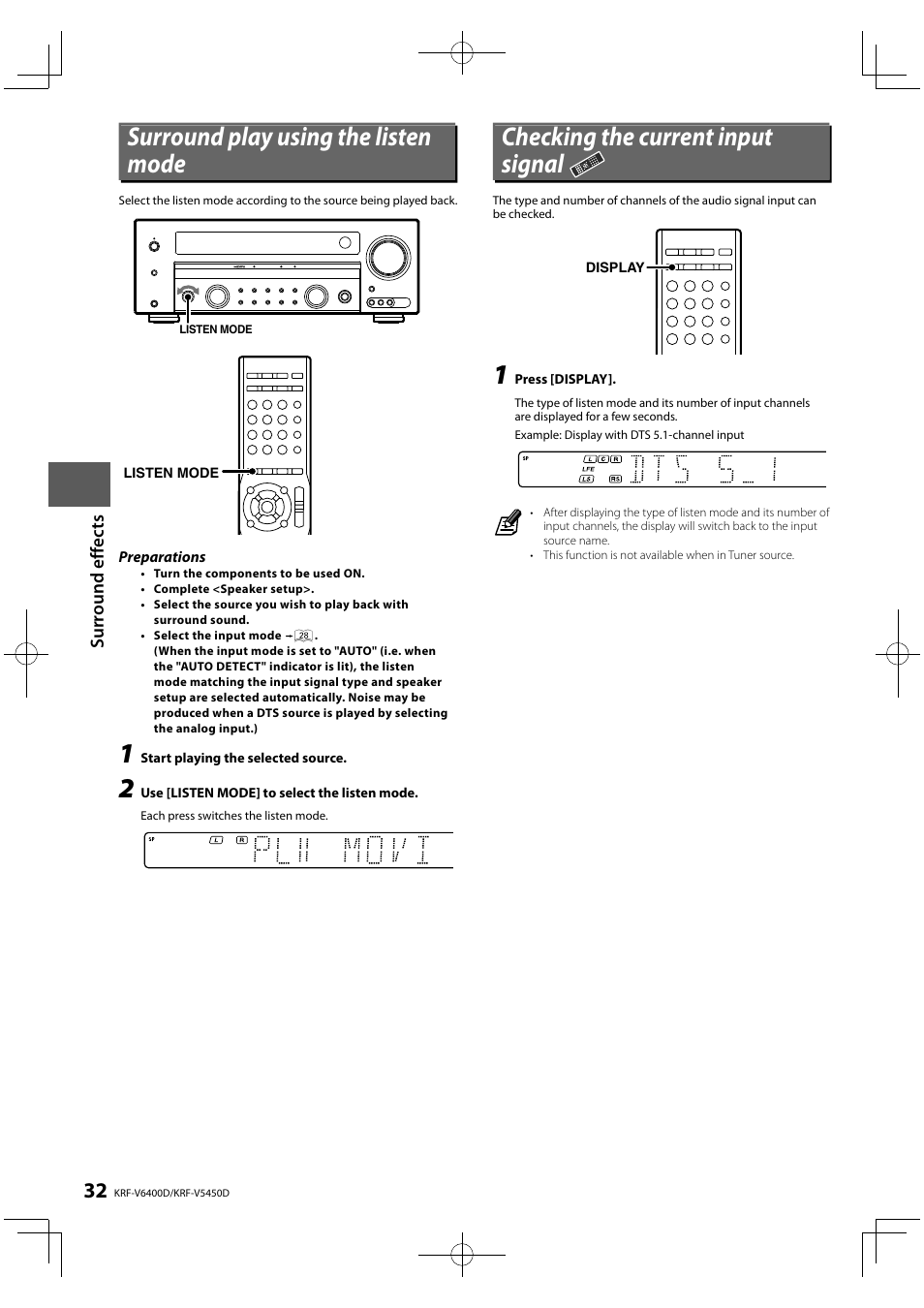 Surround play using the listen mode, Checking the current input signal, Su rround e ffe c ts | Kenwood KRF-V5450D User Manual | Page 32 / 48