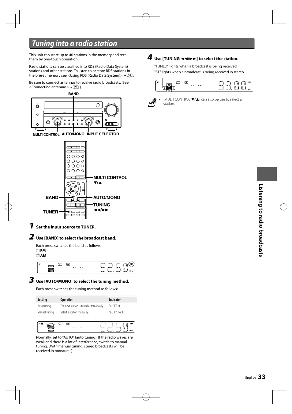 Tuning into a radio station | Kenwood KRF-V5450D User Manual | Page 33 / 48