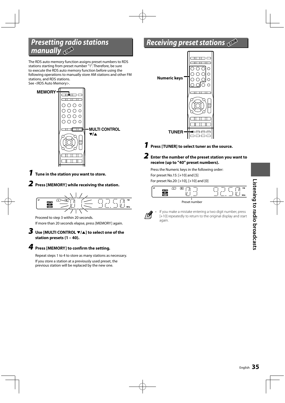 Presetting radio stations manually, Receiving preset stations | Kenwood KRF-V5450D User Manual | Page 35 / 48
