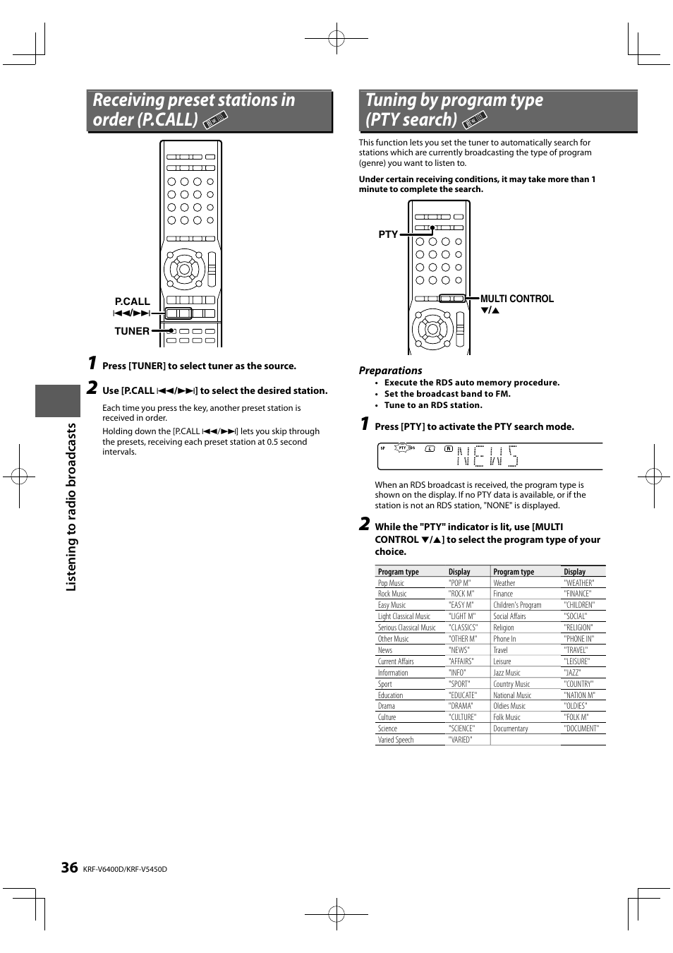 Receiving preset stations in order (p.call), Tuning by program type (pty search) | Kenwood KRF-V5450D User Manual | Page 36 / 48