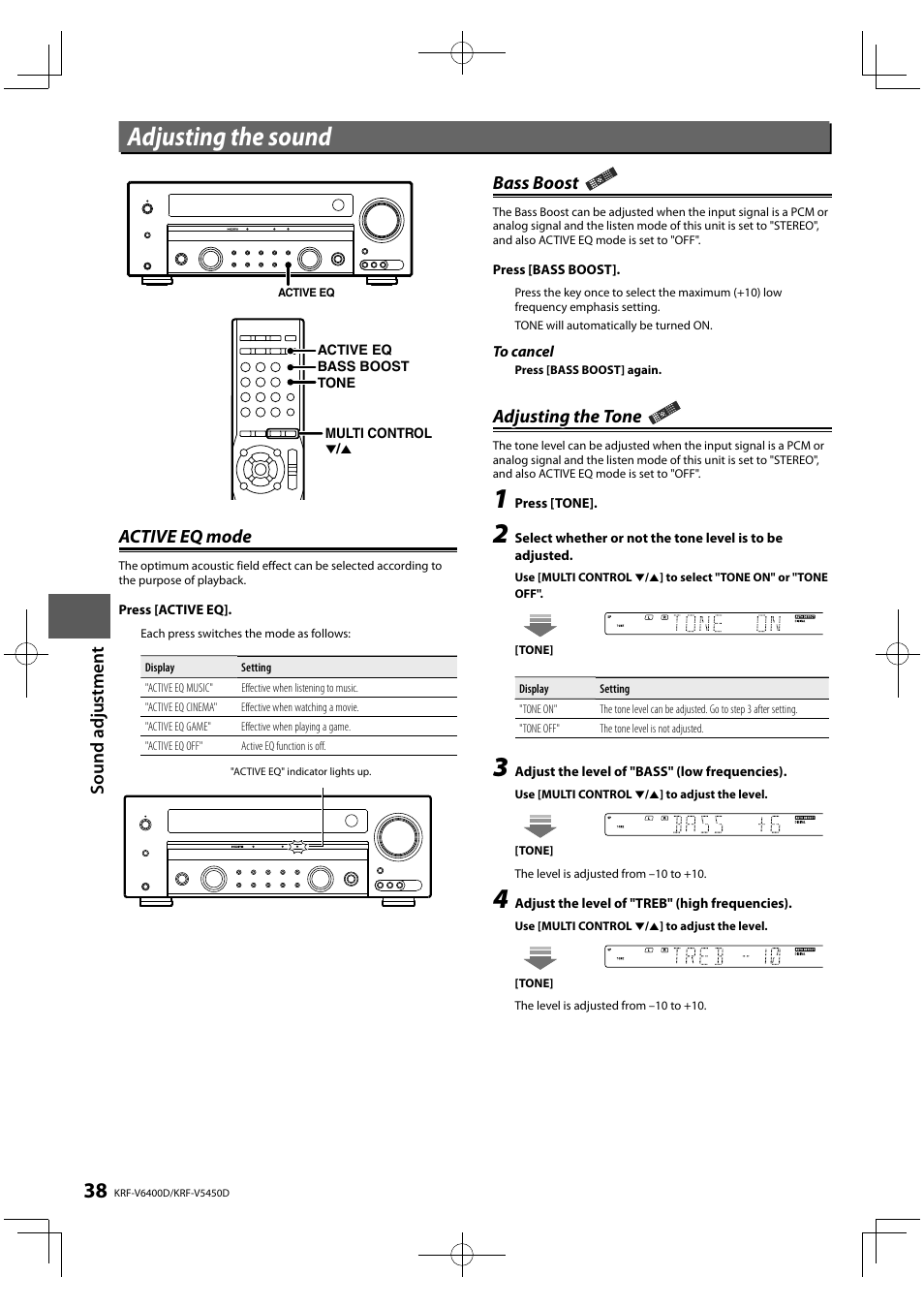 Adjusting the sound, Sound ad ju st men t, Active eq mode | Bass boost, Adjusting the tone | Kenwood KRF-V5450D User Manual | Page 38 / 48