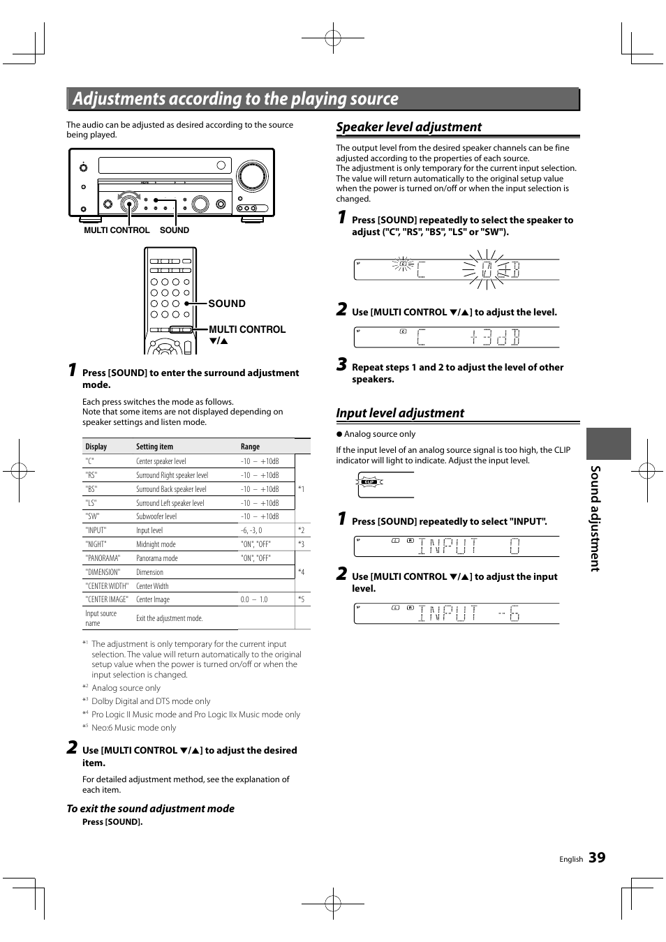 Adjustments according to the playing source, Sound ad ju st men t, Speaker level adjustment | Input level adjustment | Kenwood KRF-V5450D User Manual | Page 39 / 48