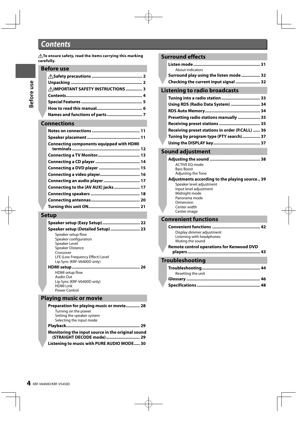 Kenwood KRF-V5450D User Manual | Page 4 / 48