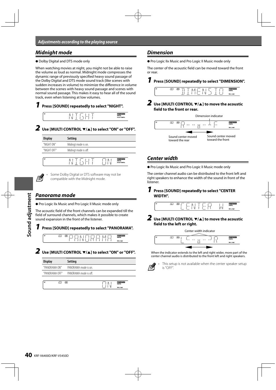 Sound ad ju st men t midnight mode midnight mode, Panorama mode, Dimension | Center width | Kenwood KRF-V5450D User Manual | Page 40 / 48