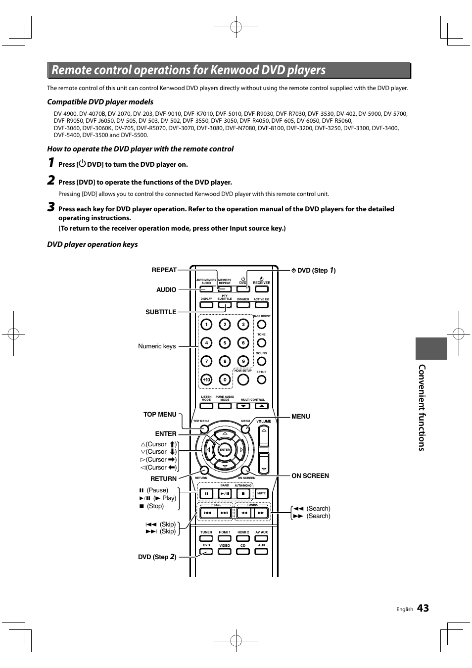 Remote control operations for kenwood dvd players, Compatible dvd player models, Dvd player operation keys | Kenwood KRF-V5450D User Manual | Page 43 / 48