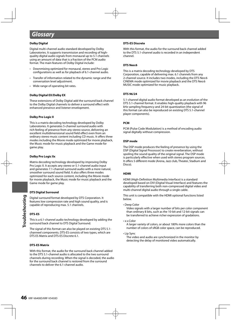 Glossary | Kenwood KRF-V5450D User Manual | Page 46 / 48