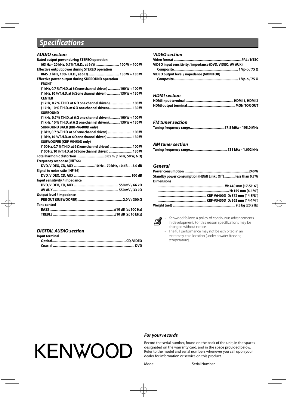 Specifications | Kenwood KRF-V5450D User Manual | Page 48 / 48