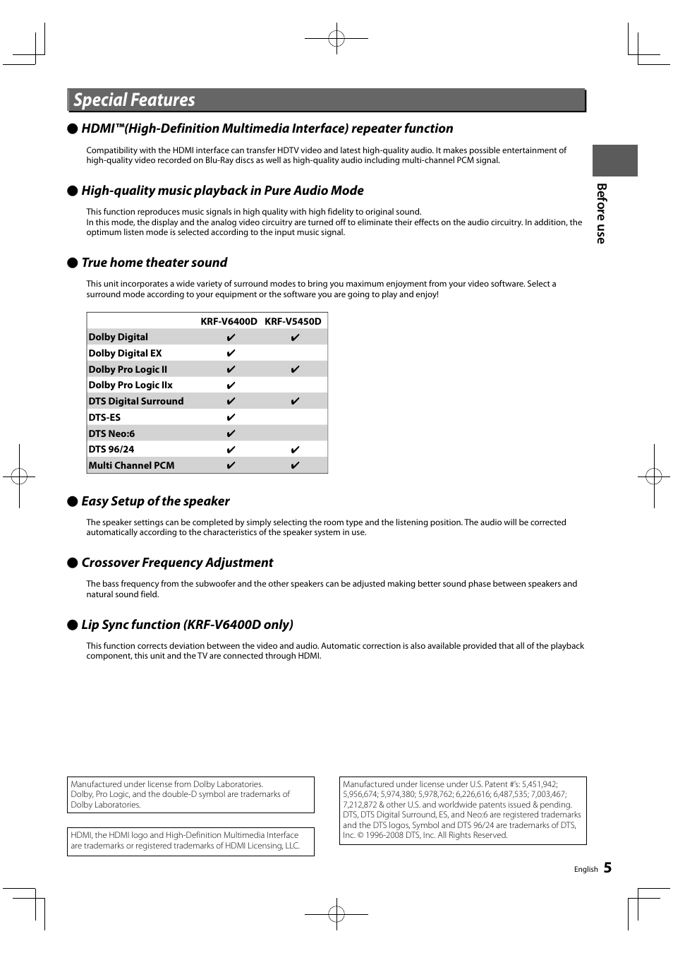 Special features, Before use, True home theater sound true home theater sound | Kenwood KRF-V5450D User Manual | Page 5 / 48