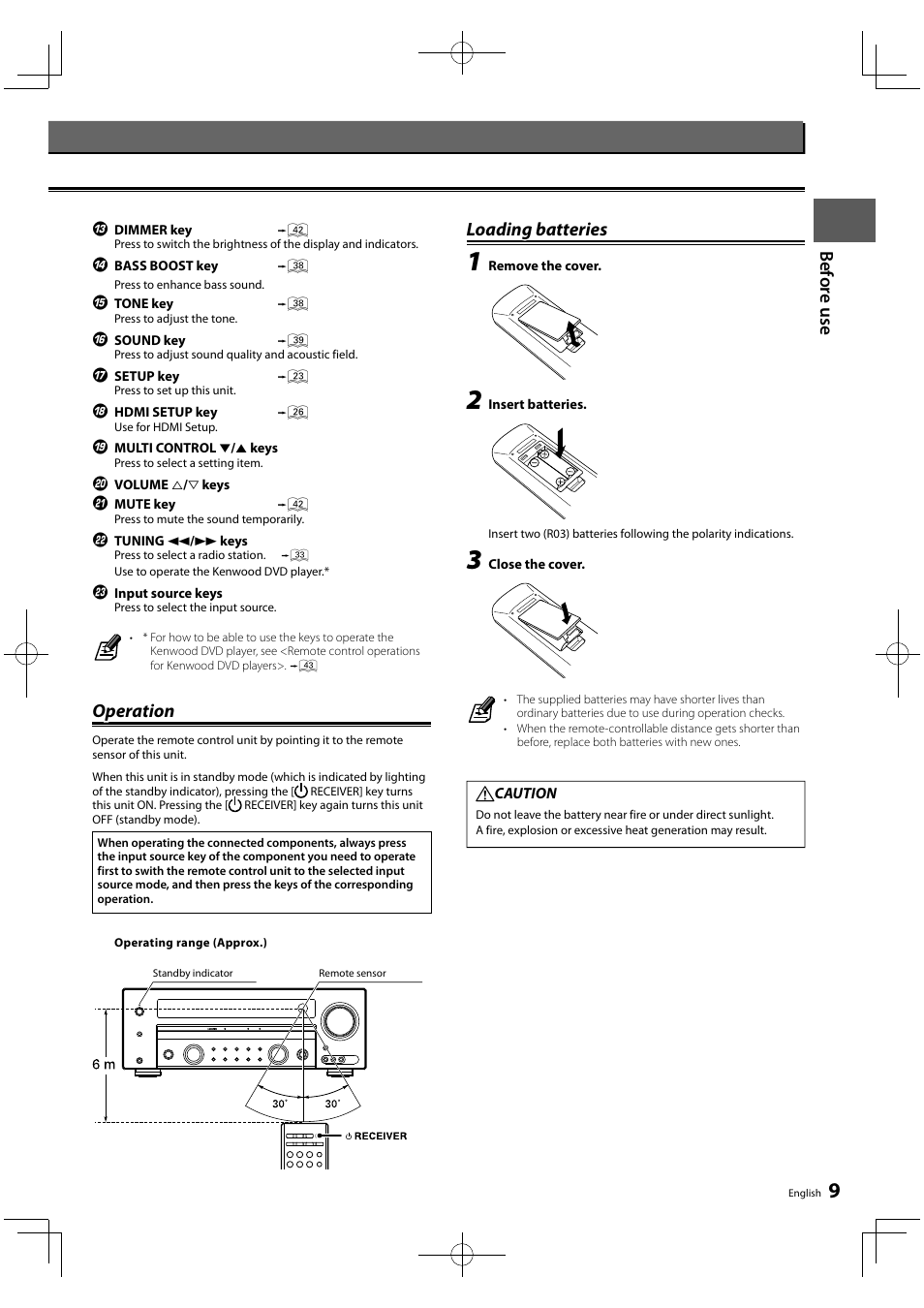 Before use remote control unit, Operation, Loading batteries | Kenwood KRF-V5450D User Manual | Page 9 / 48