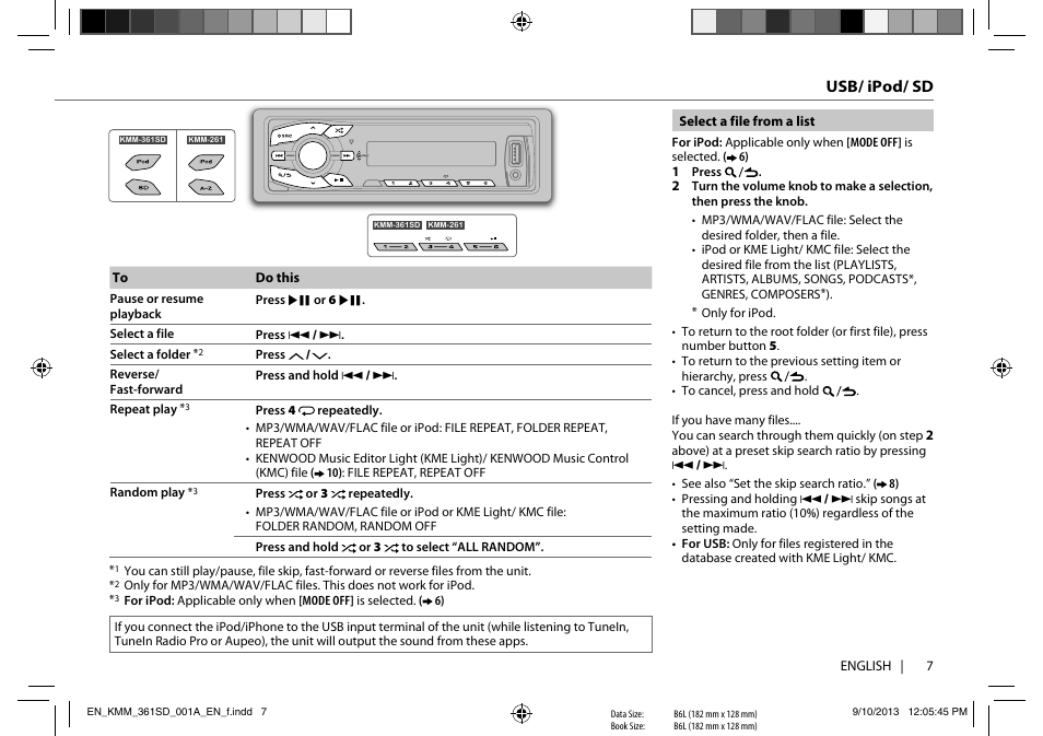 Usb/ ipod/ sd | Kenwood KMM-261 User Manual | Page 9 / 15