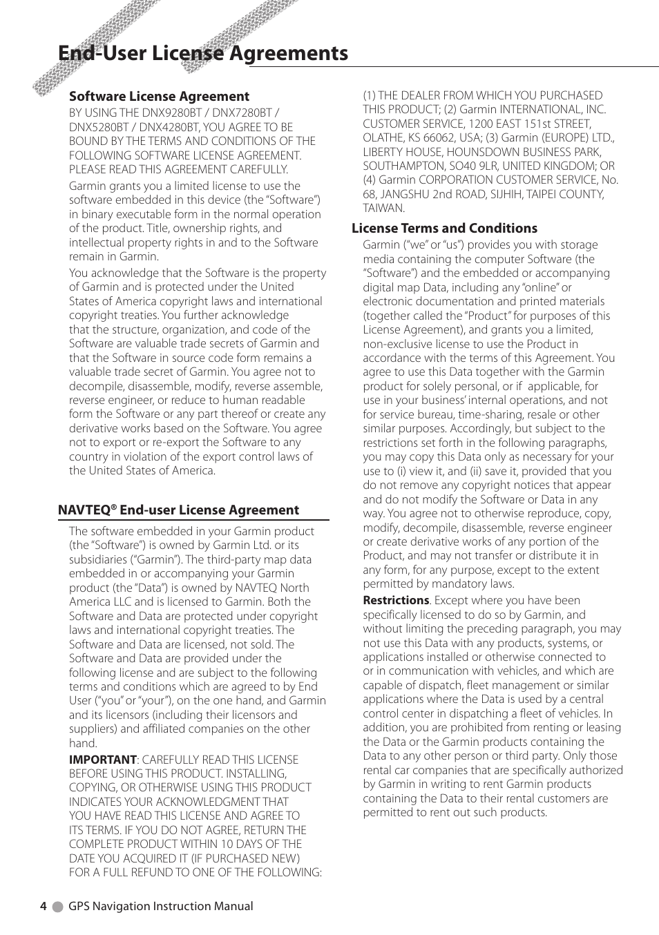 End-user license agreements | Kenwood DNX4280BT User Manual | Page 4 / 32