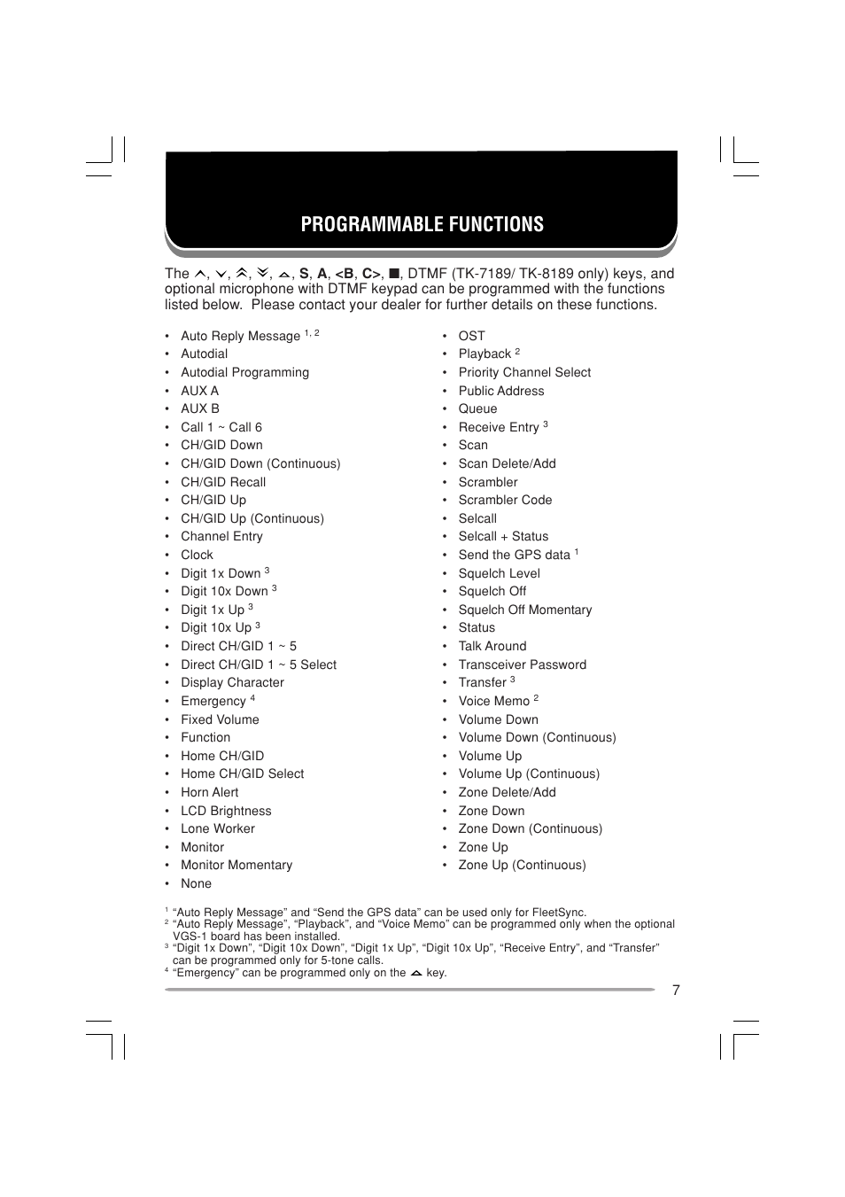 Programmable functions | Kenwood TK-7180E User Manual | Page 13 / 33