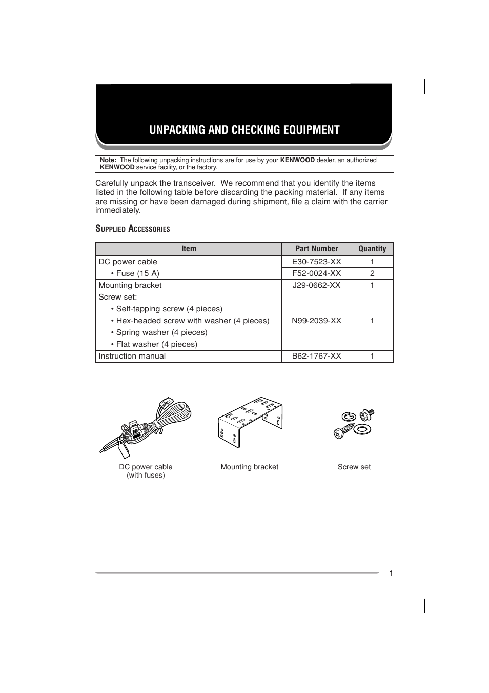 Unpacking and checking equipment | Kenwood TK-7180E User Manual | Page 7 / 33