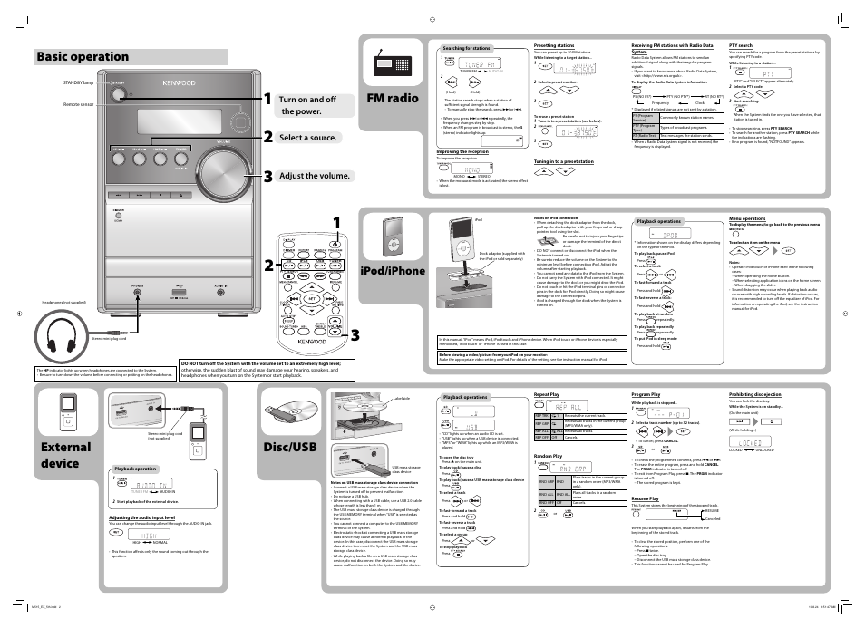 Basic operation, Fm radio, Disc/usb external device | Ipod/iphone, Turn on and off the power, Select a source, Adjust the volume | Kenwood M-515-S User Manual | Page 2 / 2