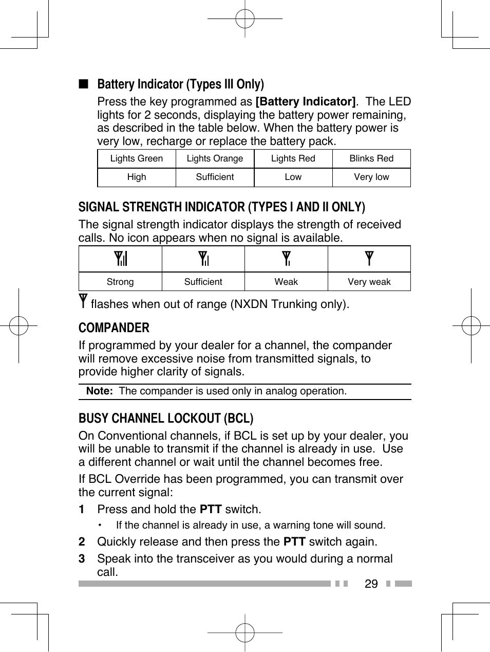 Battery indicator (types iii only), Signal strength indicator (types i and ii only), Compander | Busy channel lockout (bcl) | Kenwood NX-320E3 User Manual | Page 38 / 40