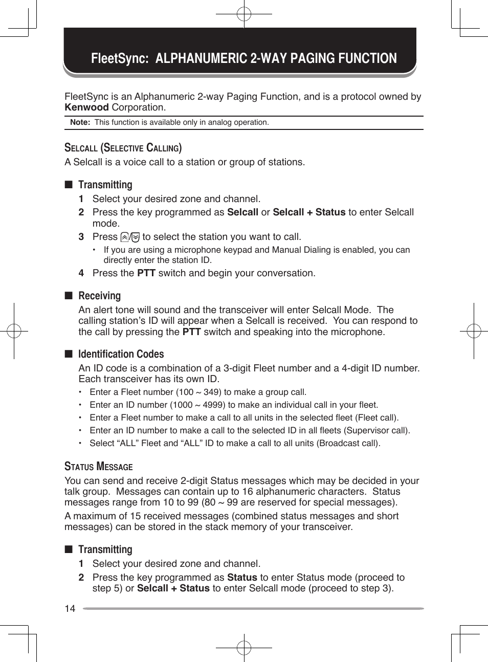 Fleetsync: alphanumeric 2-way paging function | Kenwood NX-800E User Manual | Page 22 / 31